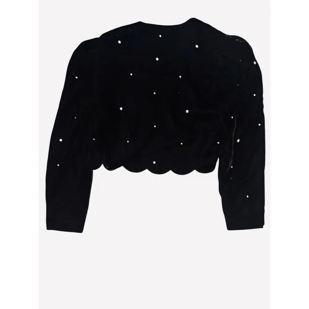 Vintage Black Velvet Mini Cami Dress & Jacket Scalloped Trim Rhinestones Size 12 - Picture 7 of 8